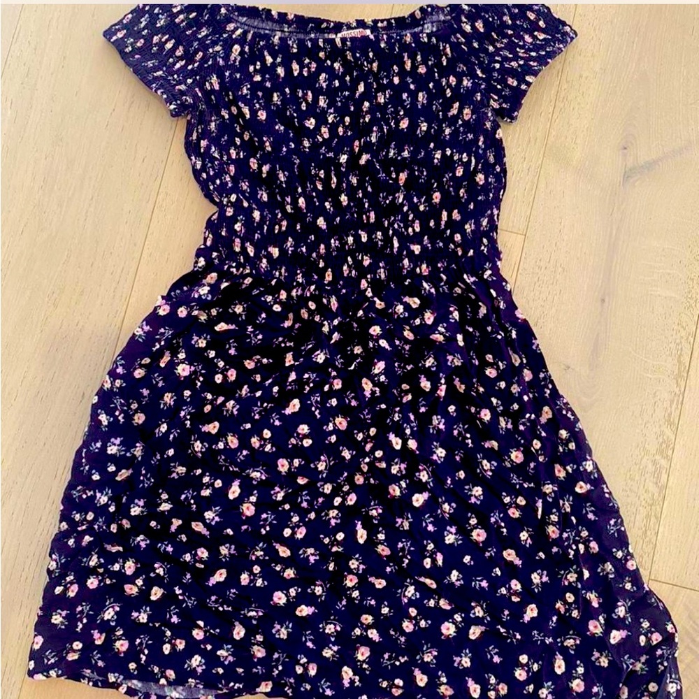 rouched, off the shoulder mossimo supply co purple floral dress.
